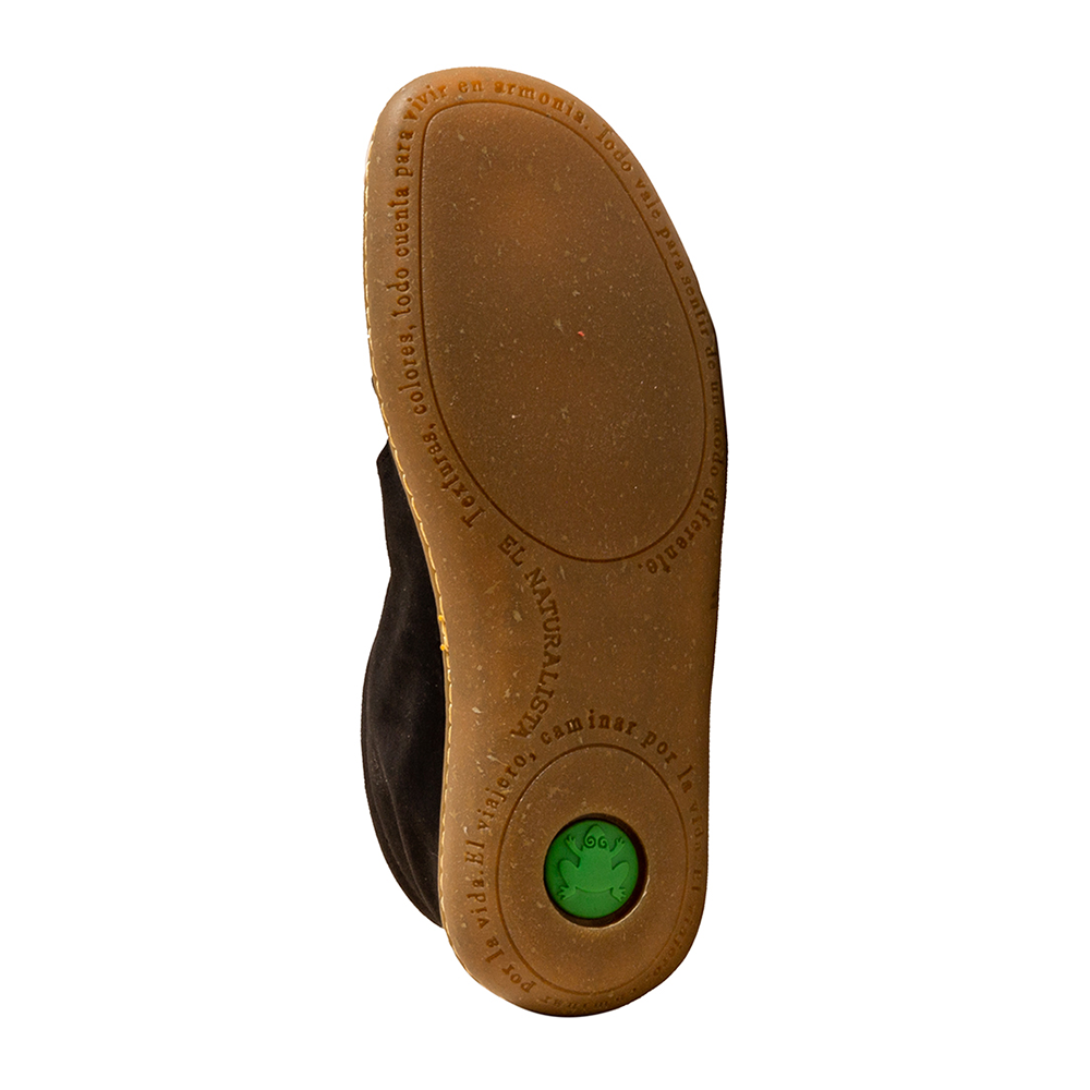 Tan sole with writing and El Naturalista green frog logo displayed