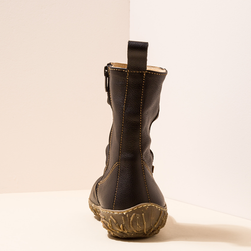 Back view of a single black El Naturalista leather ankle boot