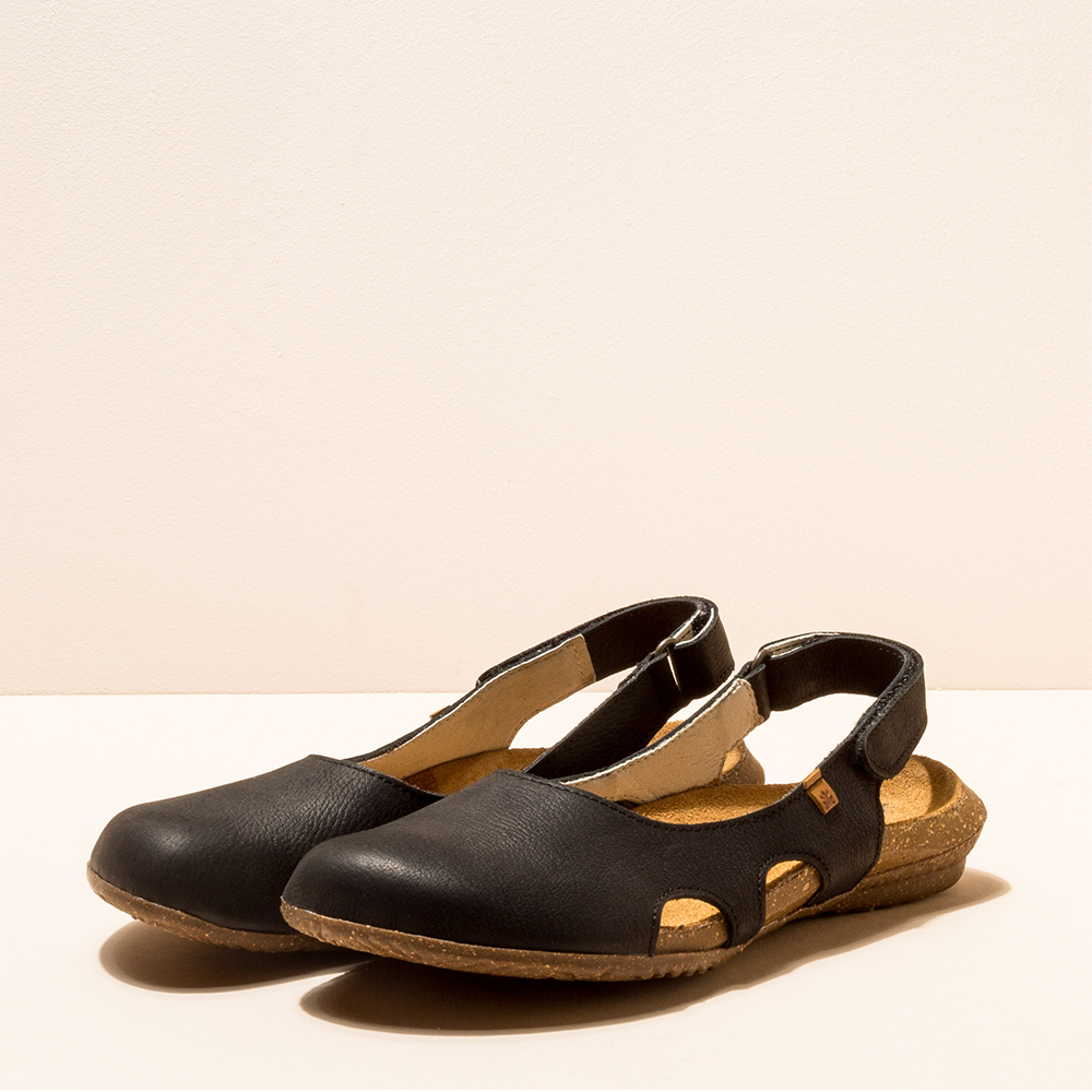 Pair of black leather El Naturalista sandals with rounded closed toe