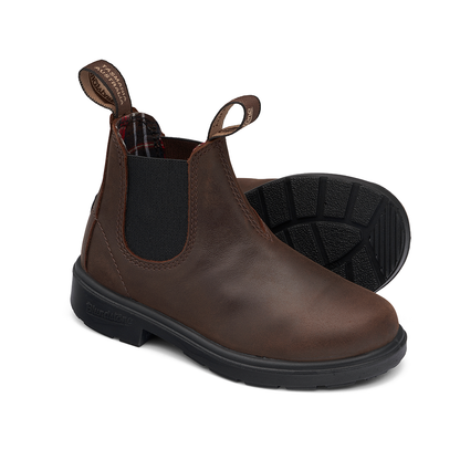 Pair of 1468 Blundstone brown kids Chelsea boots with pull-on tabs on the back