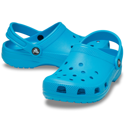 Pair of Venetian blue kids Croc clogs with holes and straps in sports mode at the back of shoe