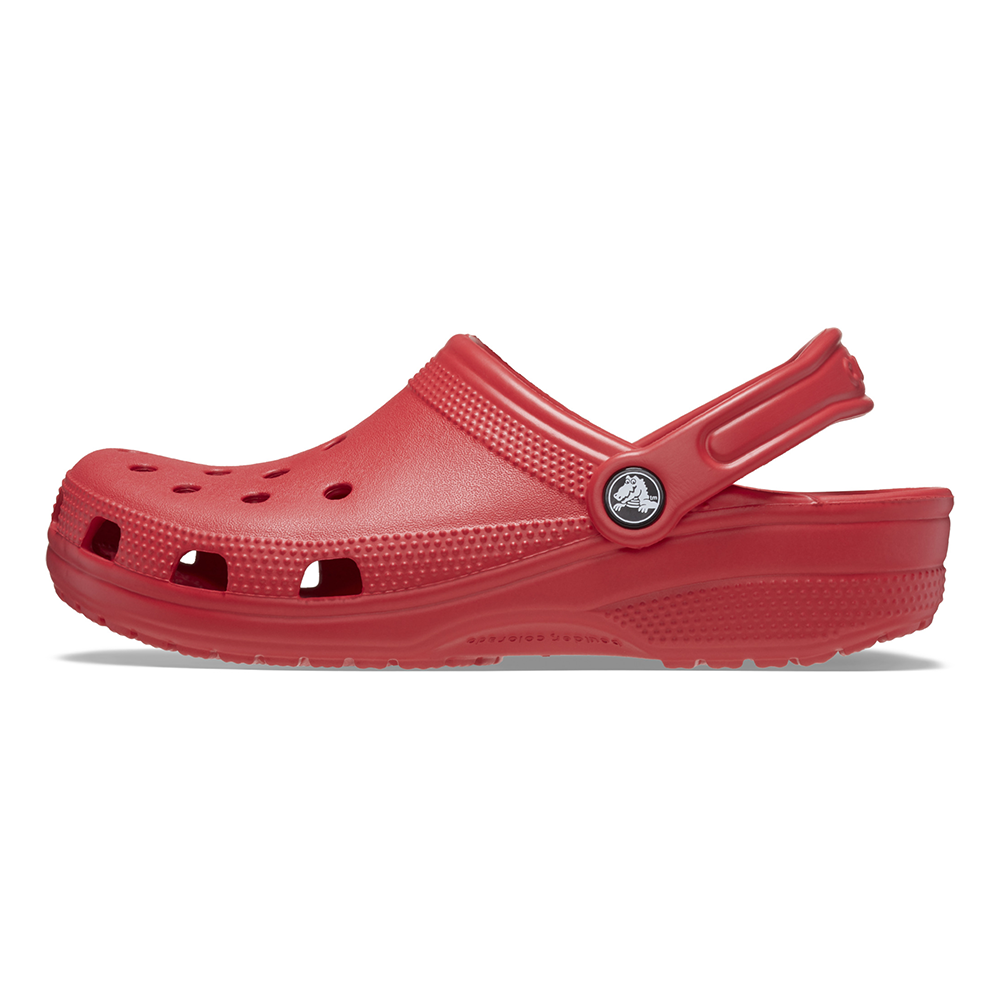 Red Classic Crocs clog with holes and crocodile logo on strap in sports mode