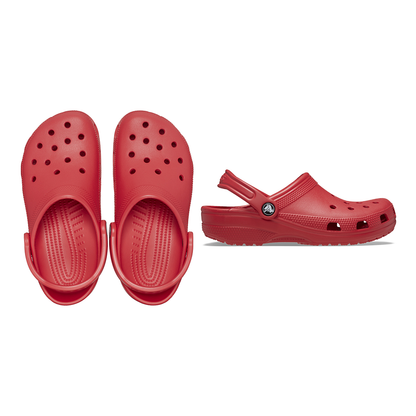 Pair of red Crocs classic crocs with holes and strap in sports mode and single red classic Crocks clog