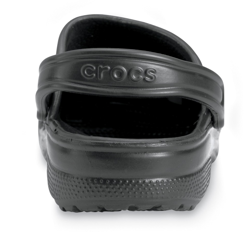 View of back of a Crocs classic black clog