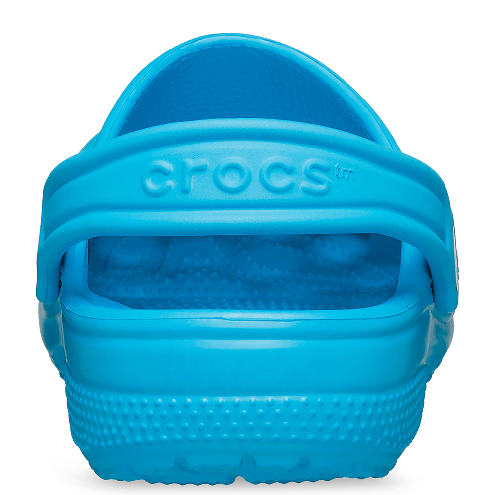 Heel view of Crocs blue boys clog, single pait