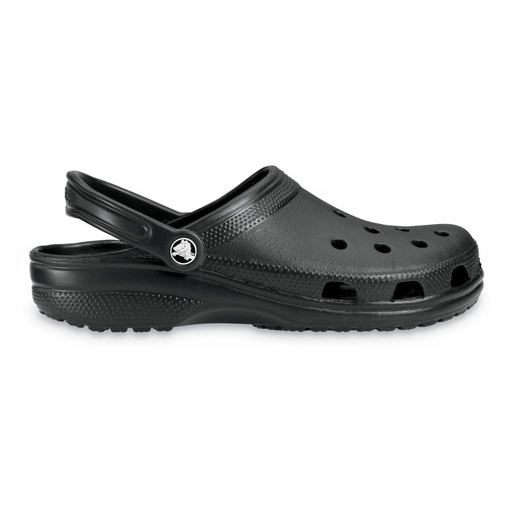 Side view black Crocs Classic clog with strap in sports mode