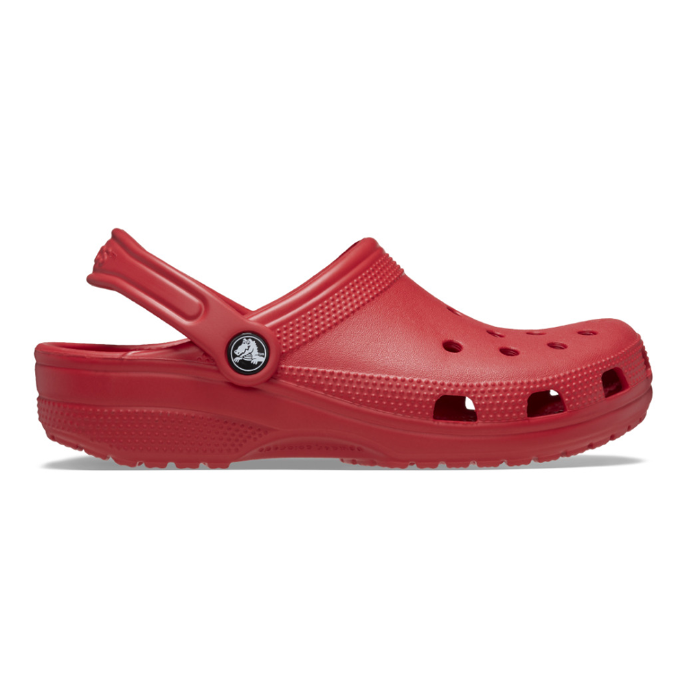 Side view of Crocs logo rivet and red clog