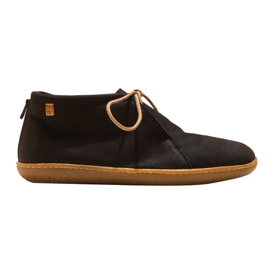 Leather black desert boot from El Naturalista with tan sole and lace