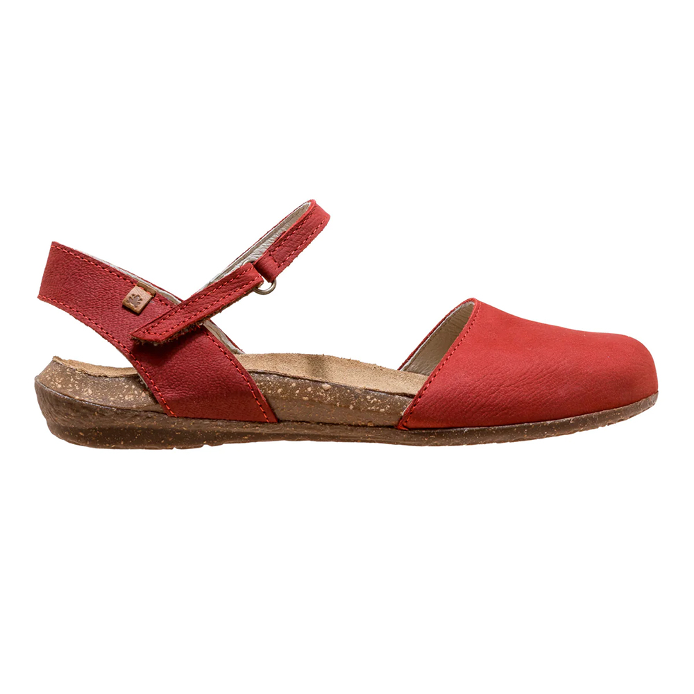 El Naturalista red leather sandal with closed toe and strap around heel