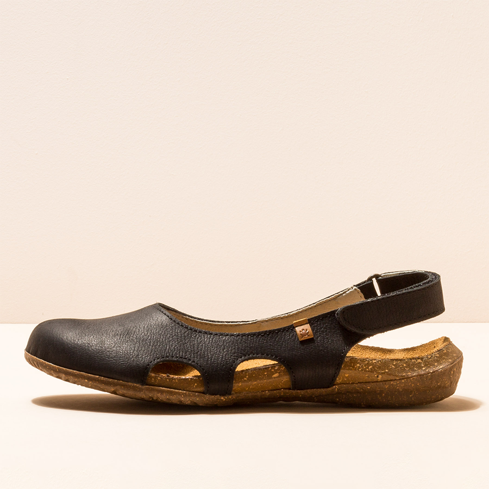 Single side view of El Naturalista 13 black shoe with adjustable back strap