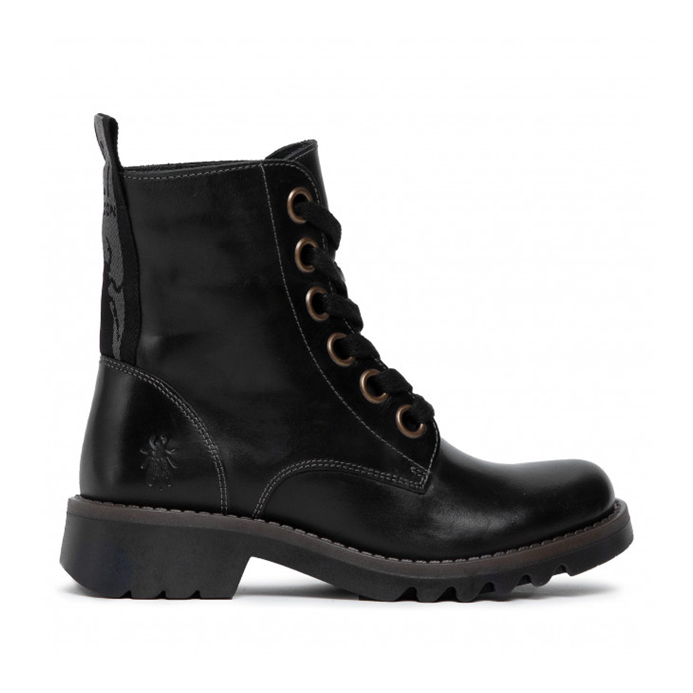 Fly London black lace-up military look ankle boot with black pull-on heel tab