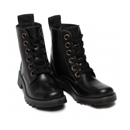 Military style lace-up Fly London black leather boots with pull-on heel tab and chunky sole