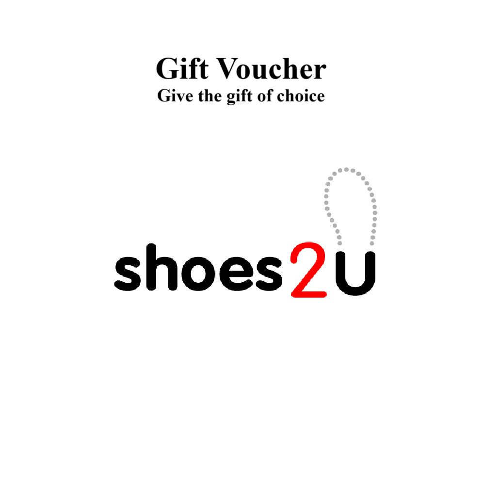 Gift voucher and Shoes2u logo in black, red and white with shoe footprint on the letter u