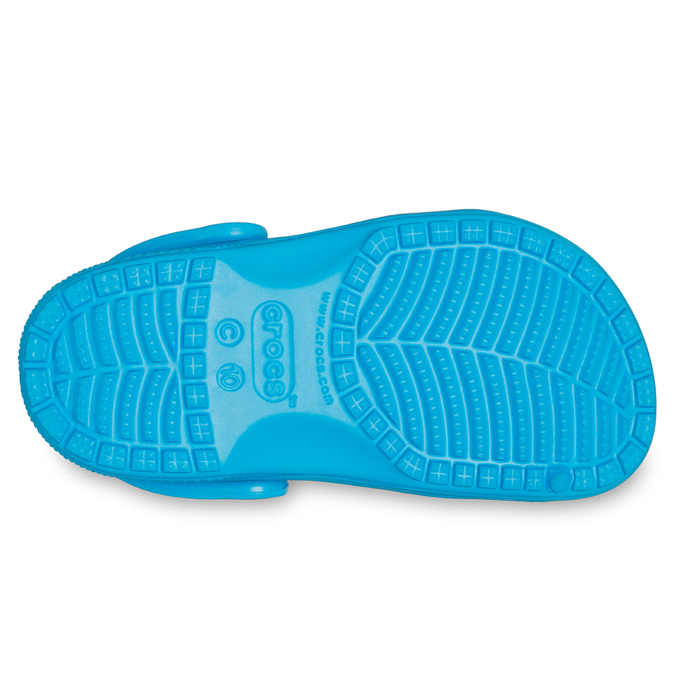 Sole of Crocs shoes for kids, blue clog showing size C 10