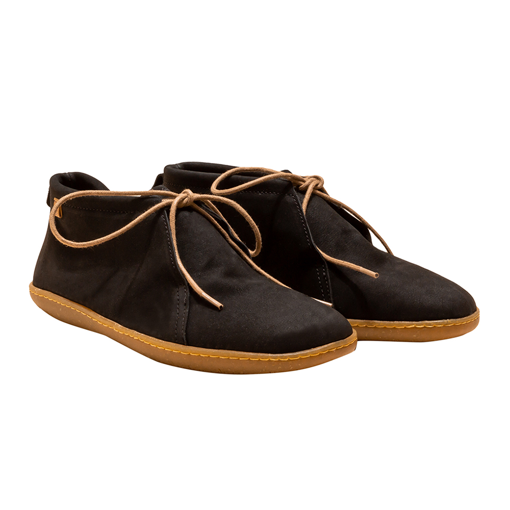 Pair of El Naturalista black desert boots with brown sole and laces