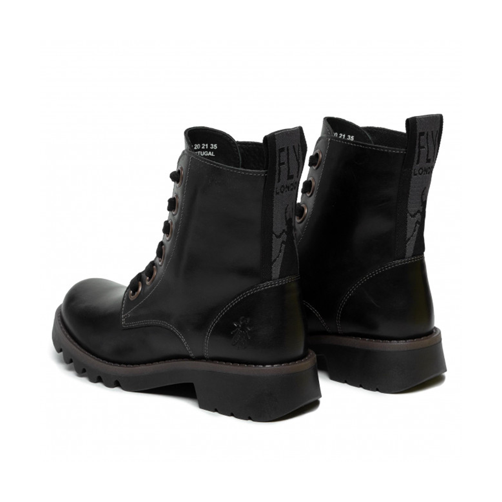 Pair of chunky sole Fly London black leather lace-up boots.