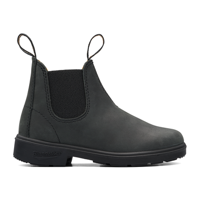 Rustic black kids Blundstone boot with pull-on tabs