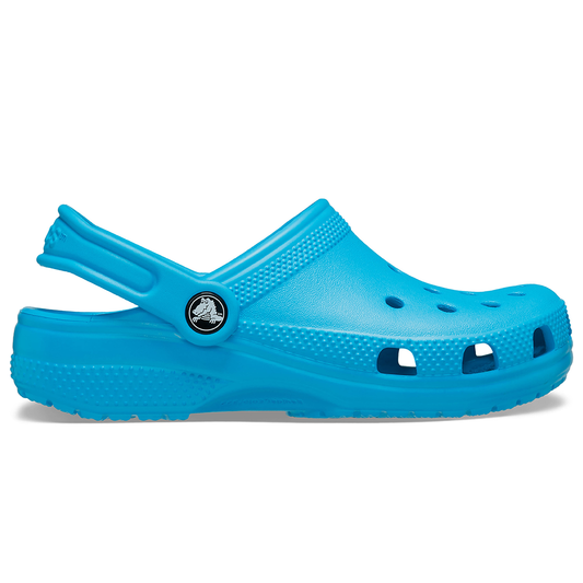 Side view of Crocs kids blue clogs with strap in sports mode