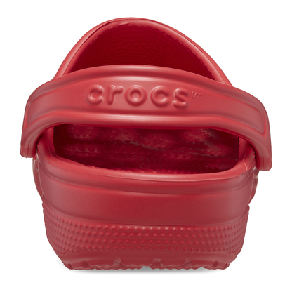 Crocs logo on clog strap of red classic Clog Crocs