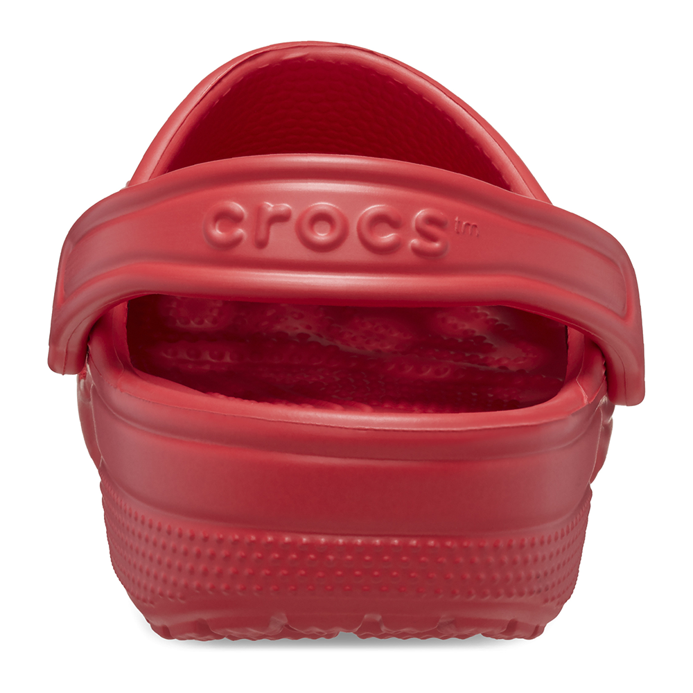 Heel few with Crocs logo on single red kids clog