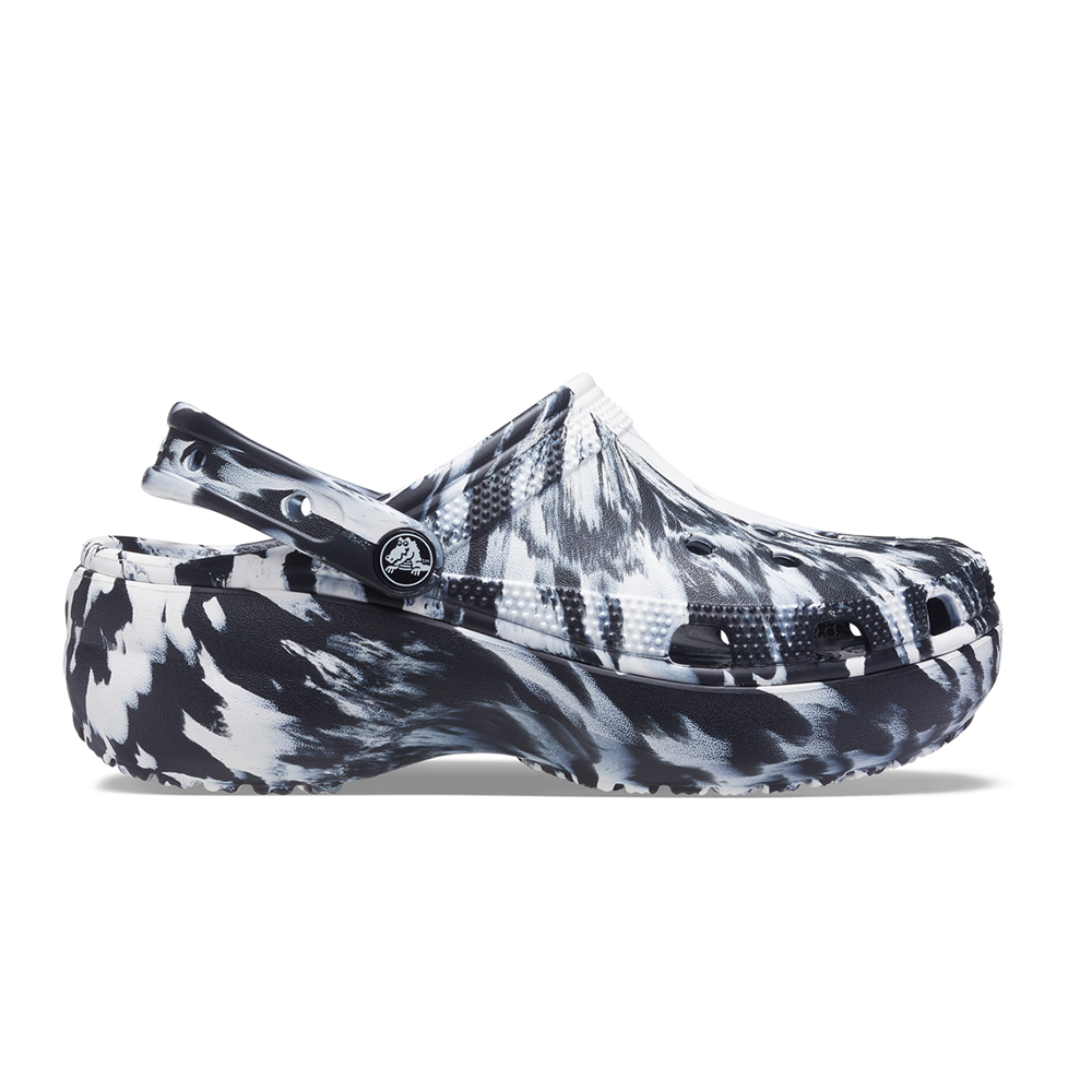 Marbled black and white Crocs womens clogs with platform and strap in sports mode