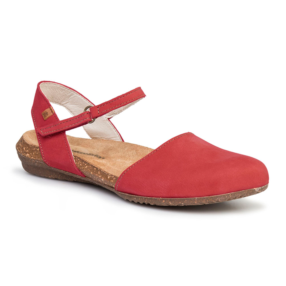 Red leather flat sandal with enclosed toe and strap over front of foot by El Naturalista