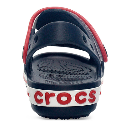 Crocs branding on heel of a single Crocs Crocband navy red kid's sandal