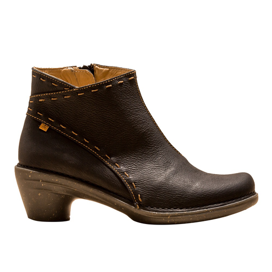 Women's leather ankle boot with heel from sustainble footwear brand El Naturalista. Black with decorative stitching