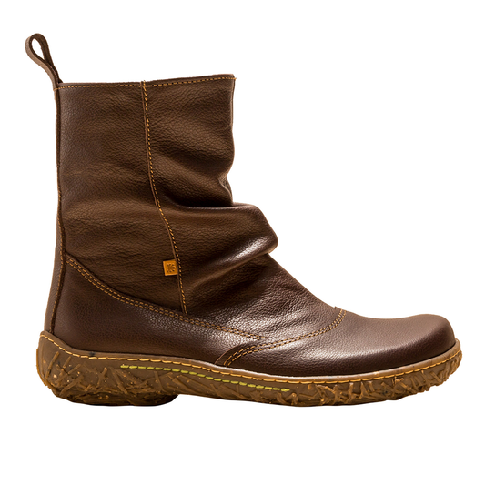 Side view of single brown El Naturalista leather ankle boot