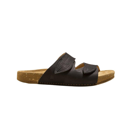 Black leather women's slide from El Naturalista with adjustable strap