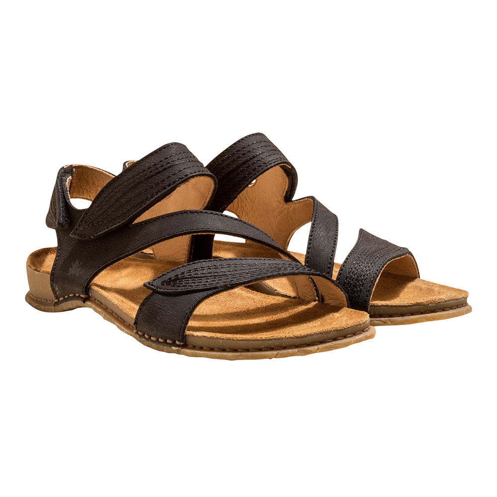 Pair of El Naturalista open toe black leather summer sandals. Style Panglao N5810