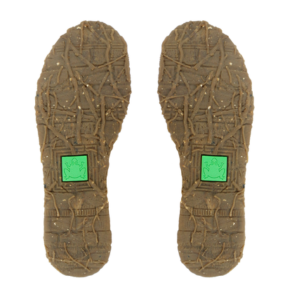 Pair of El Naturalista decorative soles from style N5465 black ankle boots. Displaying sustainability green frog logo