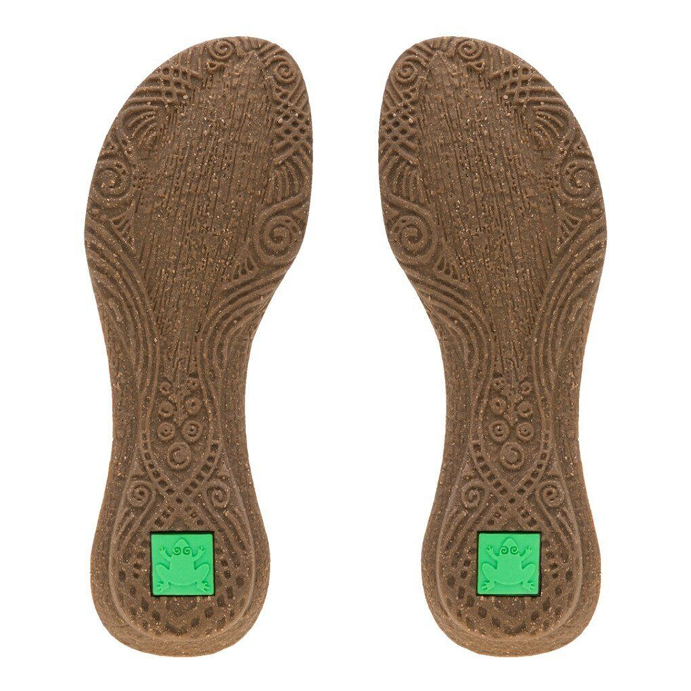 Pair of El Naturalista sandals showing the sole with tribal design and green frog logo