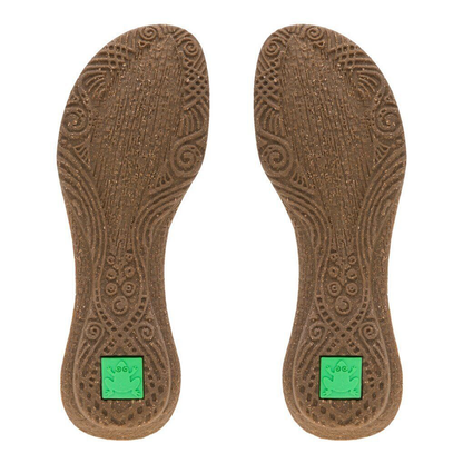 Pair of El Naturalista sandals showing the sole with tribal design and green frog logo