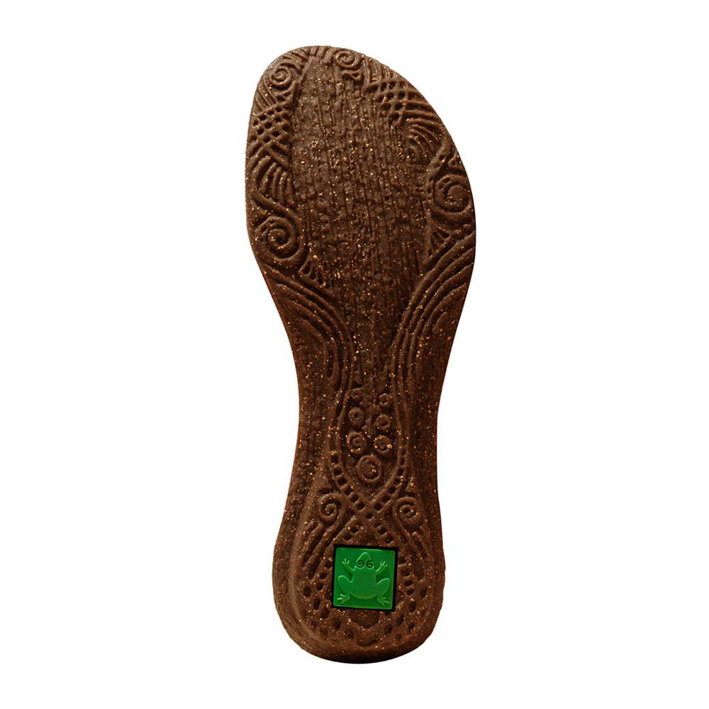 Sole of El Naturalista sandal style 412 showing tribal design patter and green frog logo