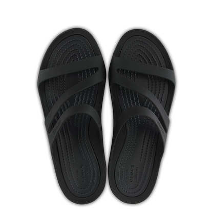 Pair of women's Crocs black Swiftwater strappy summer sandals.