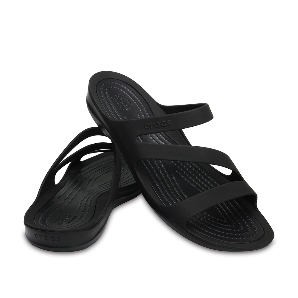 Pair of black Crocs summer women's sandals with open toe and slip-on style.